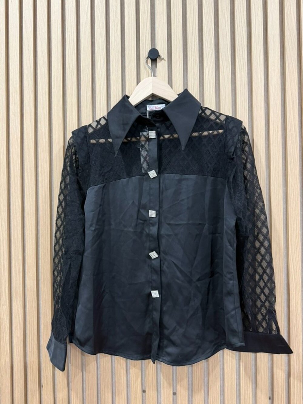 La'Ros Lace Sleeve Button Down Shirt with Crystal Buttons